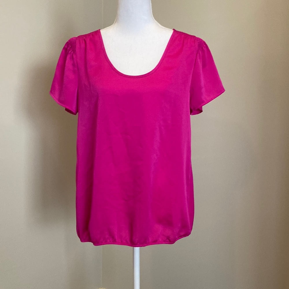 Hot Pink Satin-Like Blouse with Scoop Neck & Short Sleeves